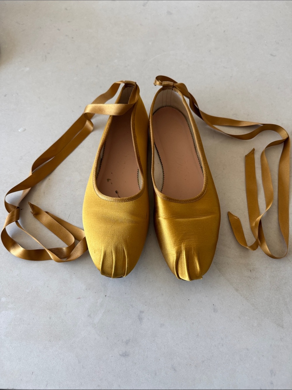 J. Crew Satin Ballet Flats in Golden Yellow with Wrap Ribbons
